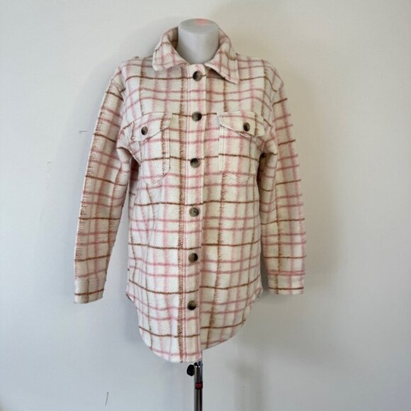 Joie Tops - Joie Shacket Plaid Long Jacket Pink Cream Button Down Coat Cardigan Sz S